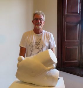 John with 'The god, Gravity, fallen' at the Tom Bass Sculpture Prize